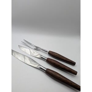 Vintage Mode Danish Teak Wood Stainless Steel Carving Set 3 Flatware MCM